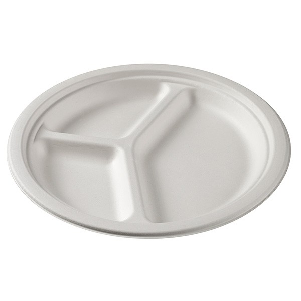 Assiette Jetable 3 compartiments en pulp de Canne 26 cm. 500/carton.